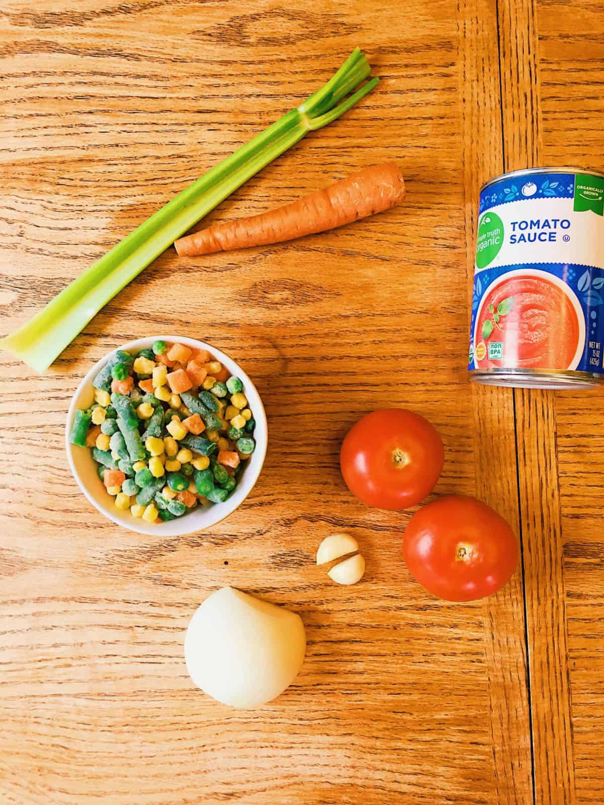 Soup ingredients on a table.