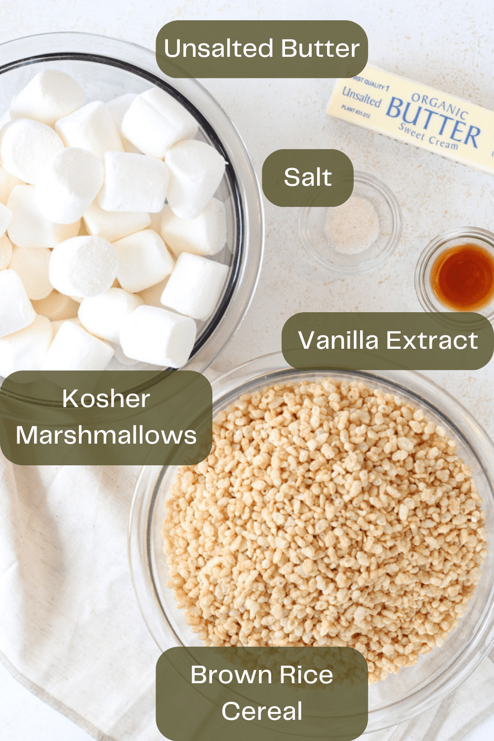 Ingredients for homestyle rice krispie treats on a table.
