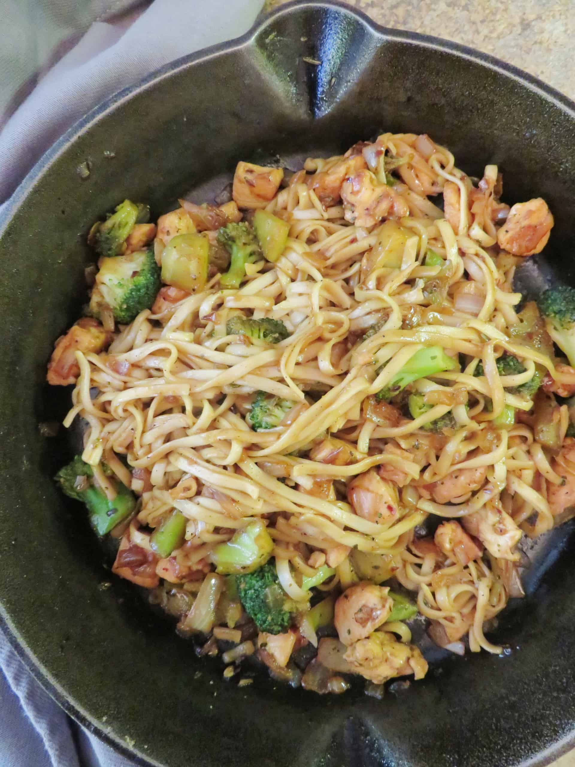 Close up on chicken noodle stir fry