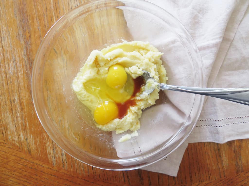 Poundcake ingredients in a bowl with eggs
