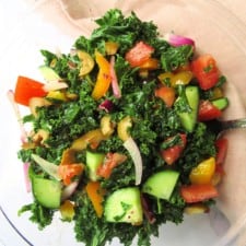 Top view of kale salad in a bowl.