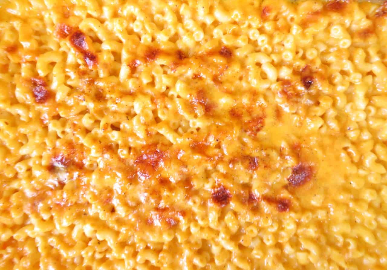 Overhead image of a pan of baked mac and cheese.