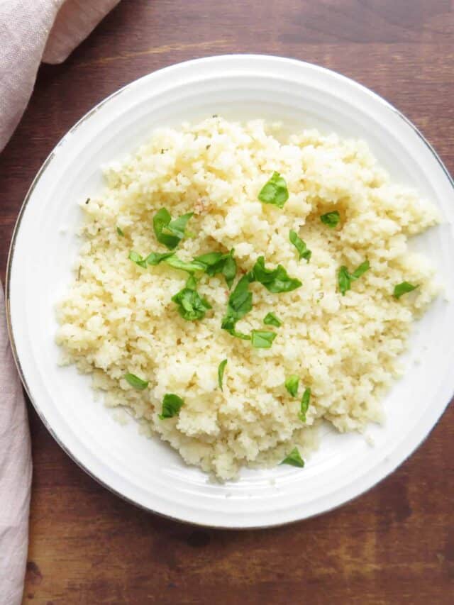 Overhead image of couscous on a plate.