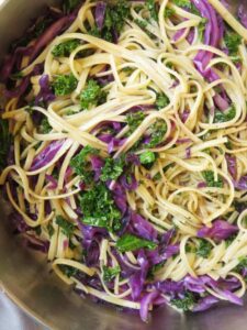 linguine pasta with red cabbage and kale