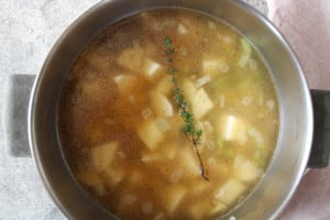 Top view of potato soup in a pot