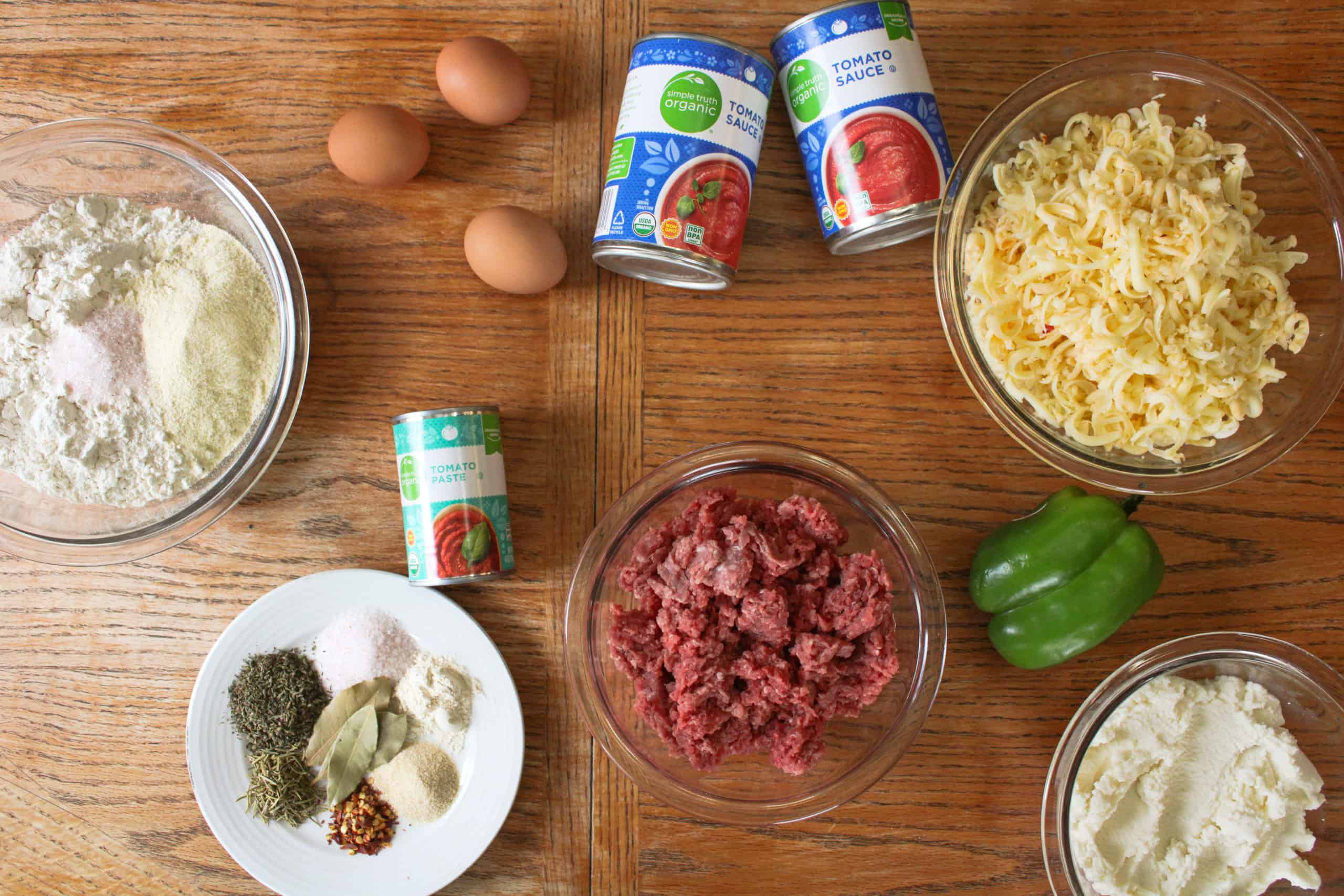 homemade lasagna ingredients on a counter.