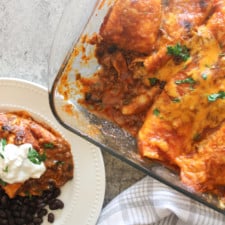 top view of enchiladas with black beans and red sauce from scratch