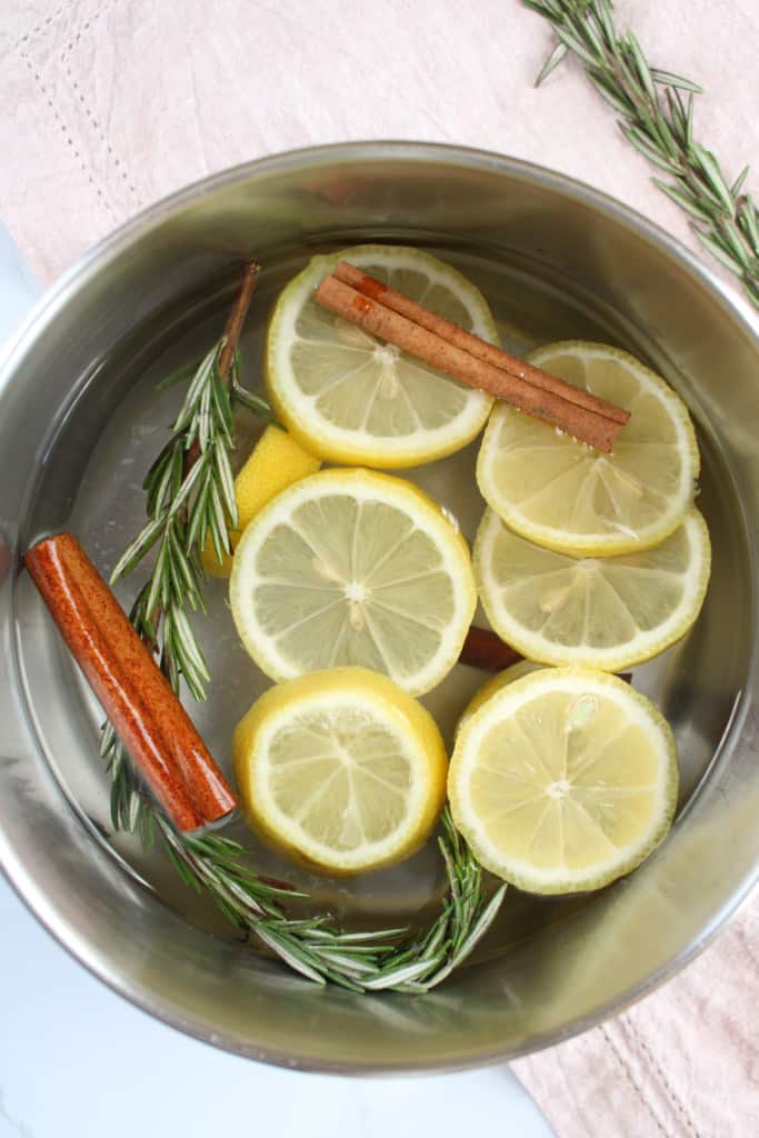 top view of a citrus stove top potpourri in a pot on a counter
