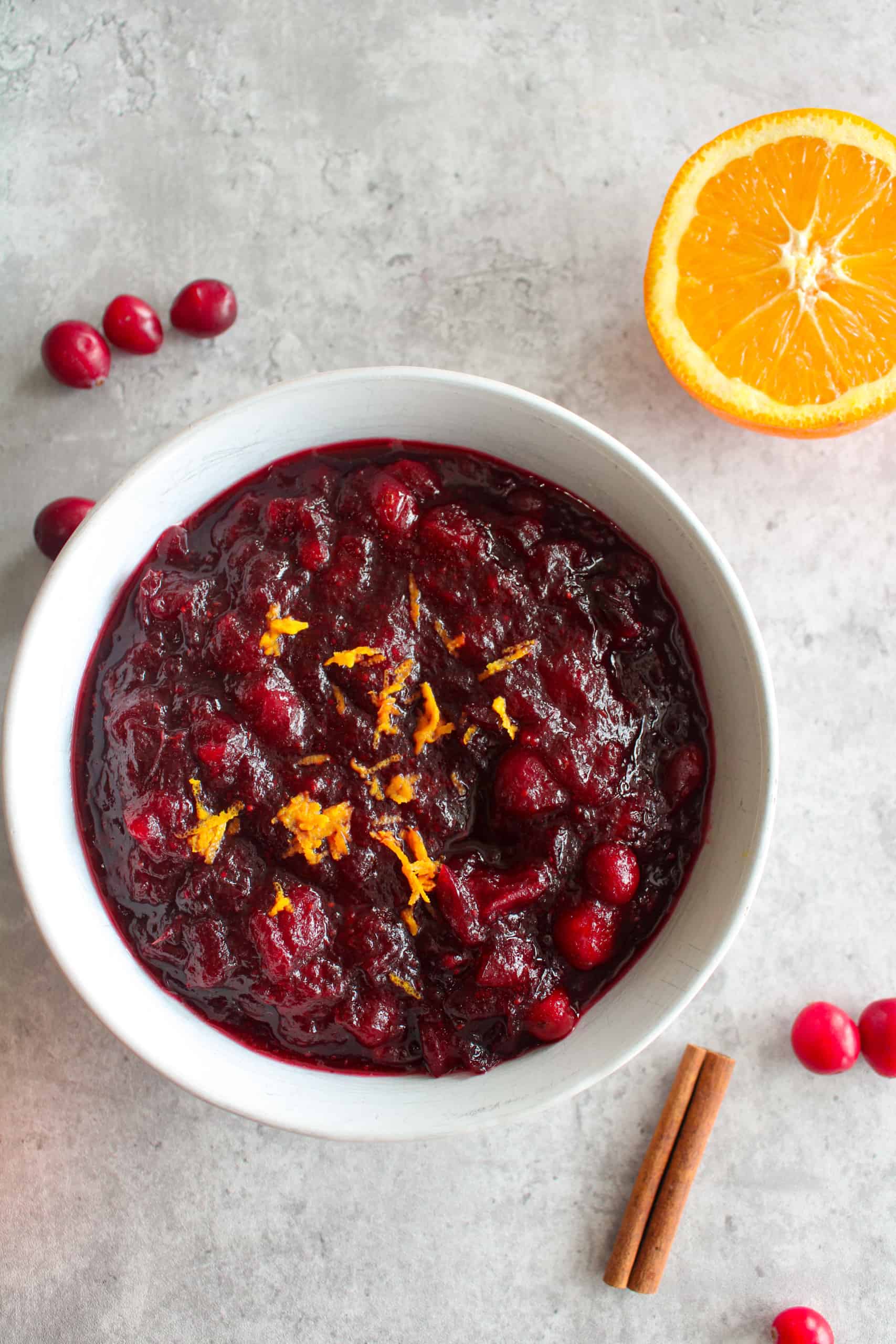 top view of maple syrup cranberry sauce in a bowl on a table