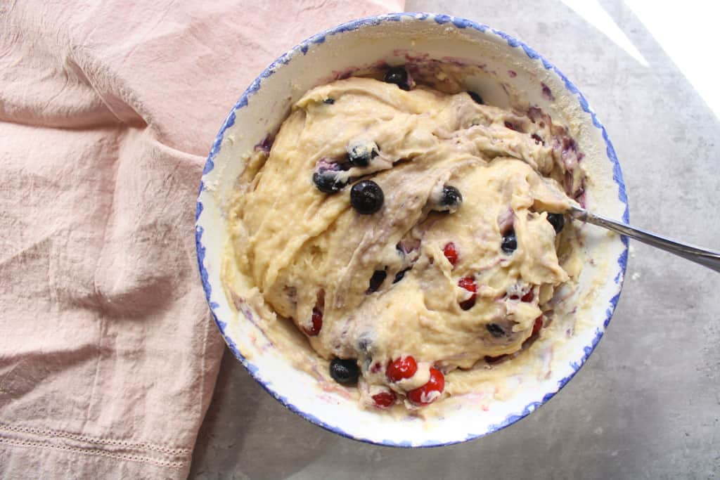 A close up ocean spray cranberry muffins batter in a bowl