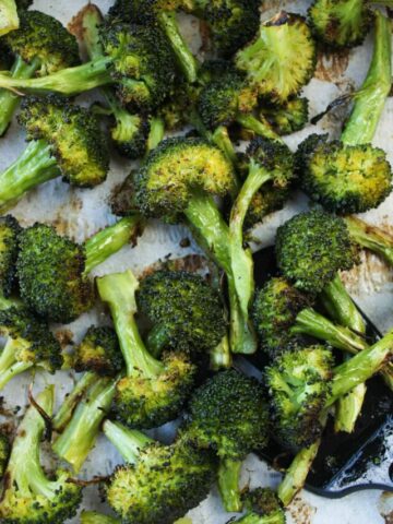 Close up of crispy roasted broccoli.