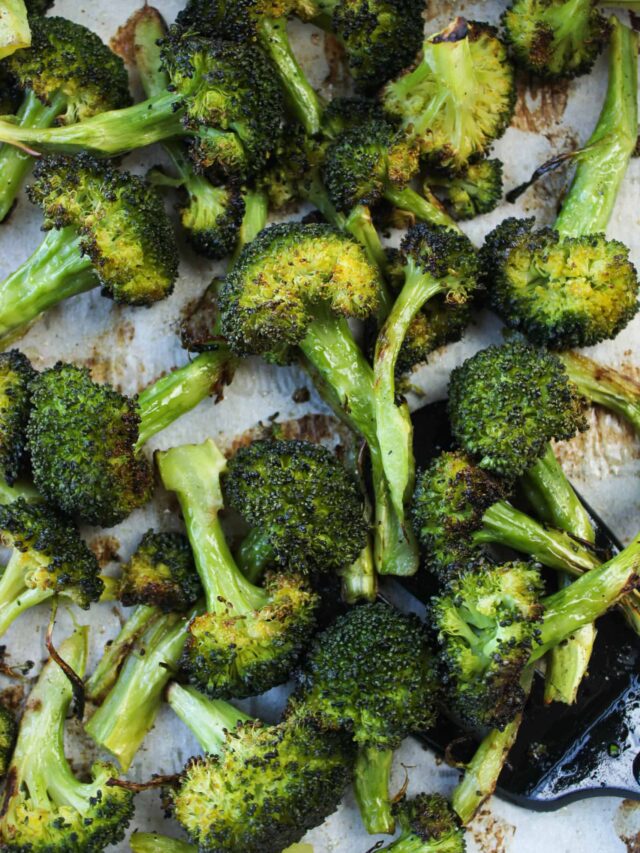 Close up of crispy roasted broccoli.