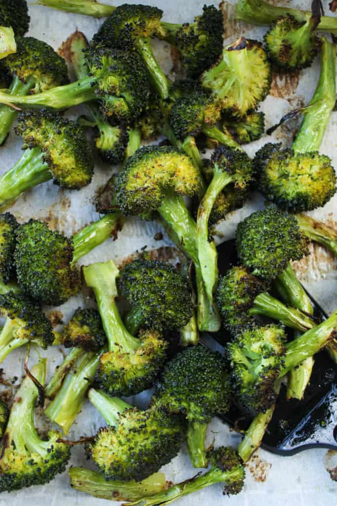 Close up of crispy roasted broccoli. 