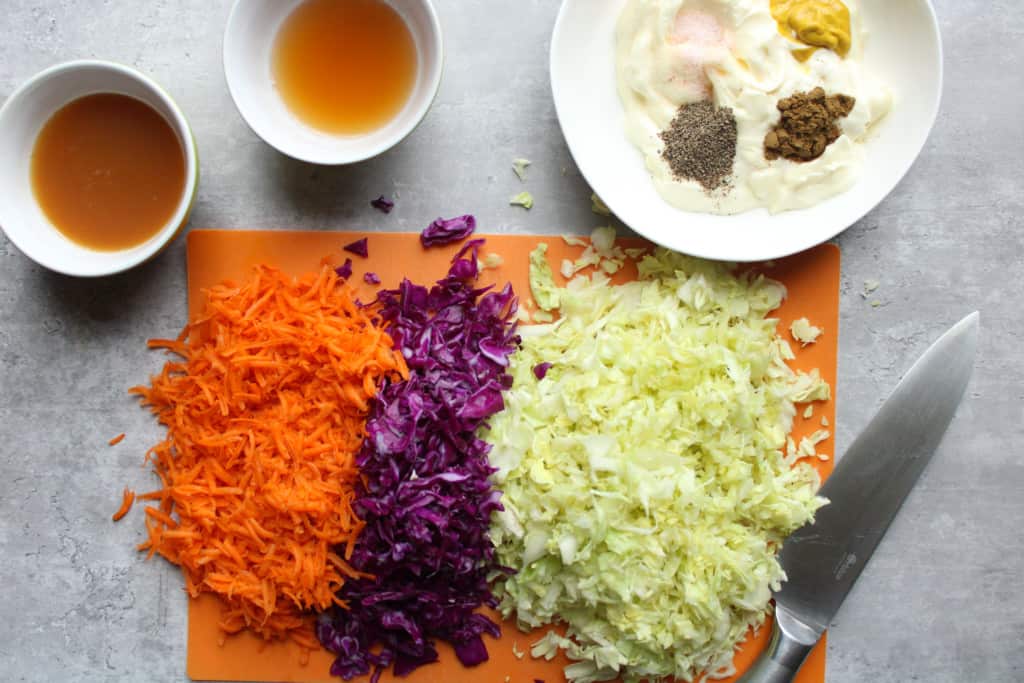 Chopped ingredients for homemade coleslaw recipe. 