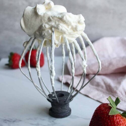 Whisk with whipped cream on top.