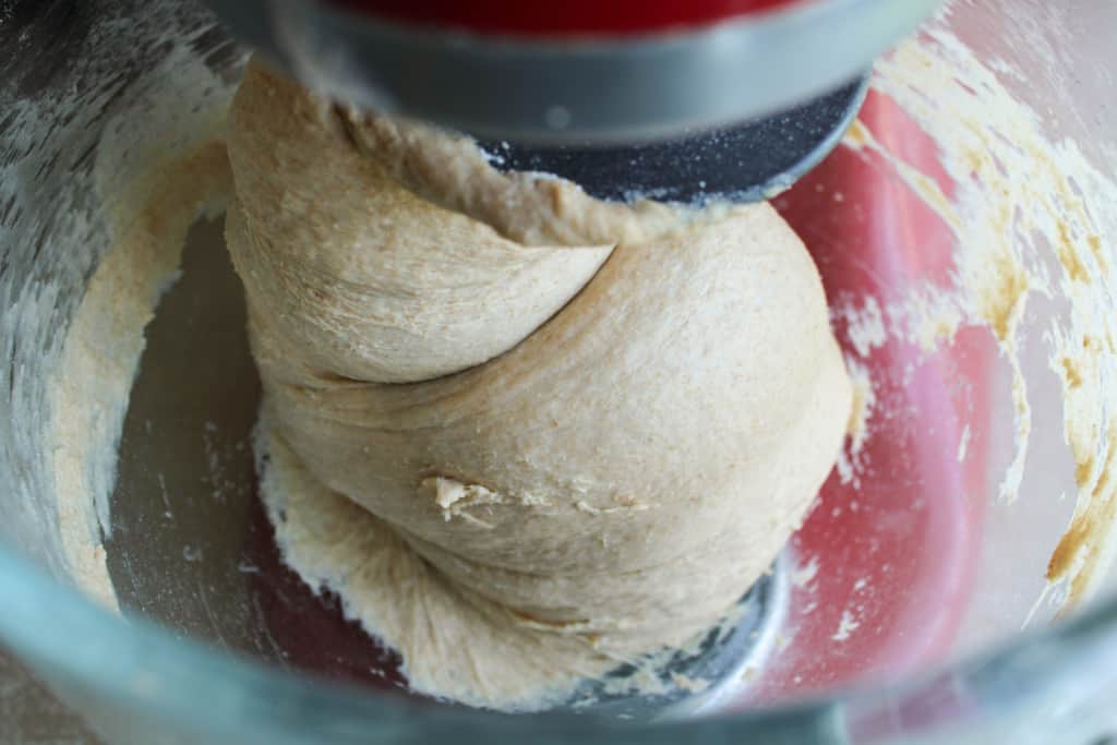 Dough mixed in a stand mixer. 