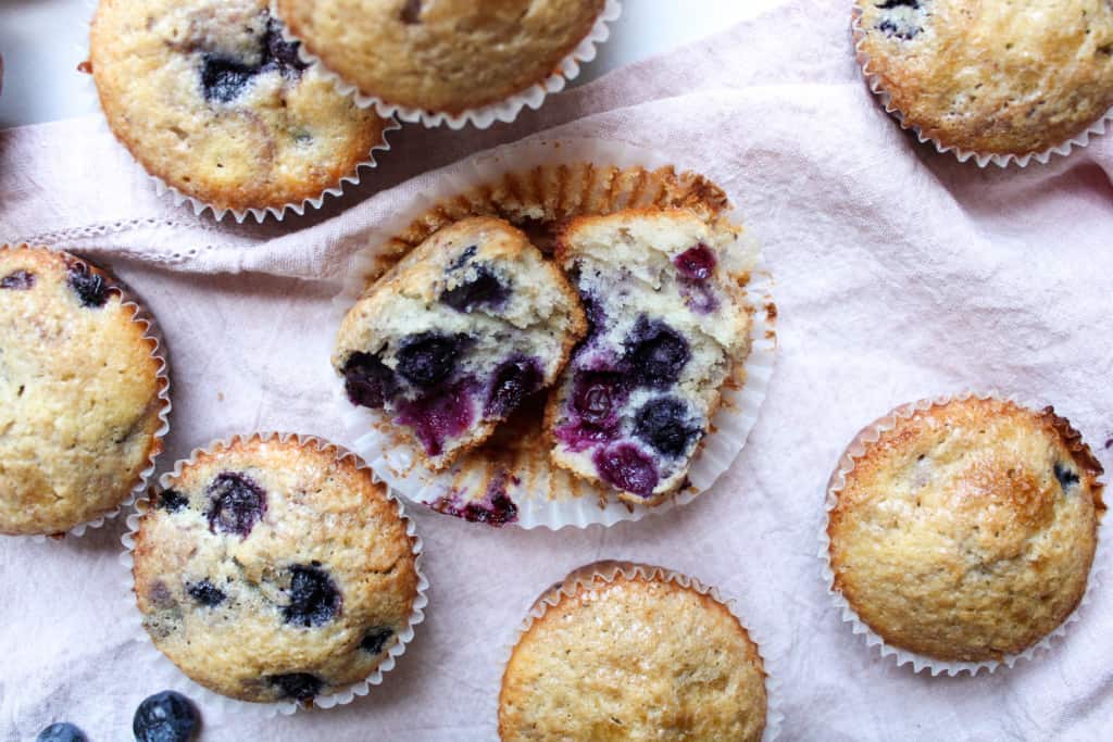 Close up on inside of blueberry lemon muffin.