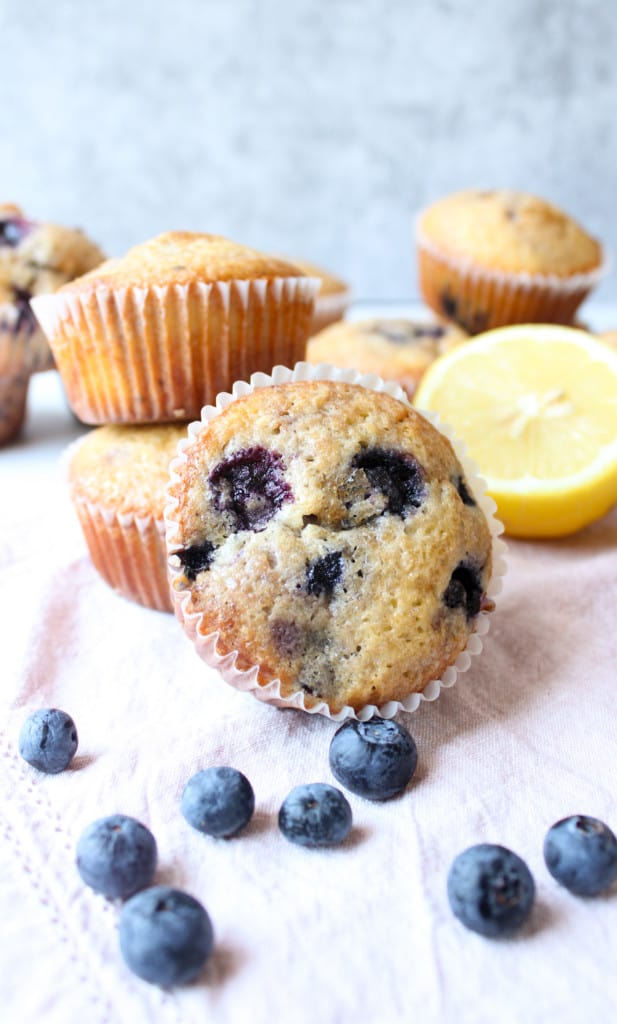 Close up on lemon blueberry muffin on a table. 