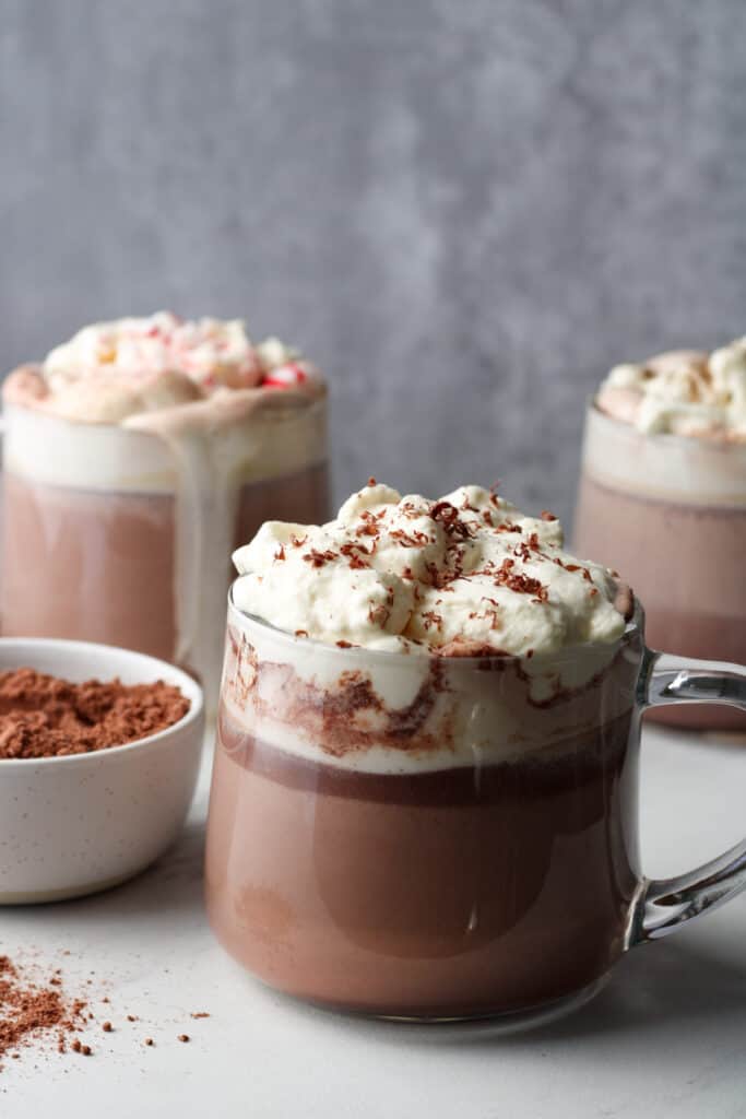 Hot chocolate with whipped cream and hot chocolate shavings.