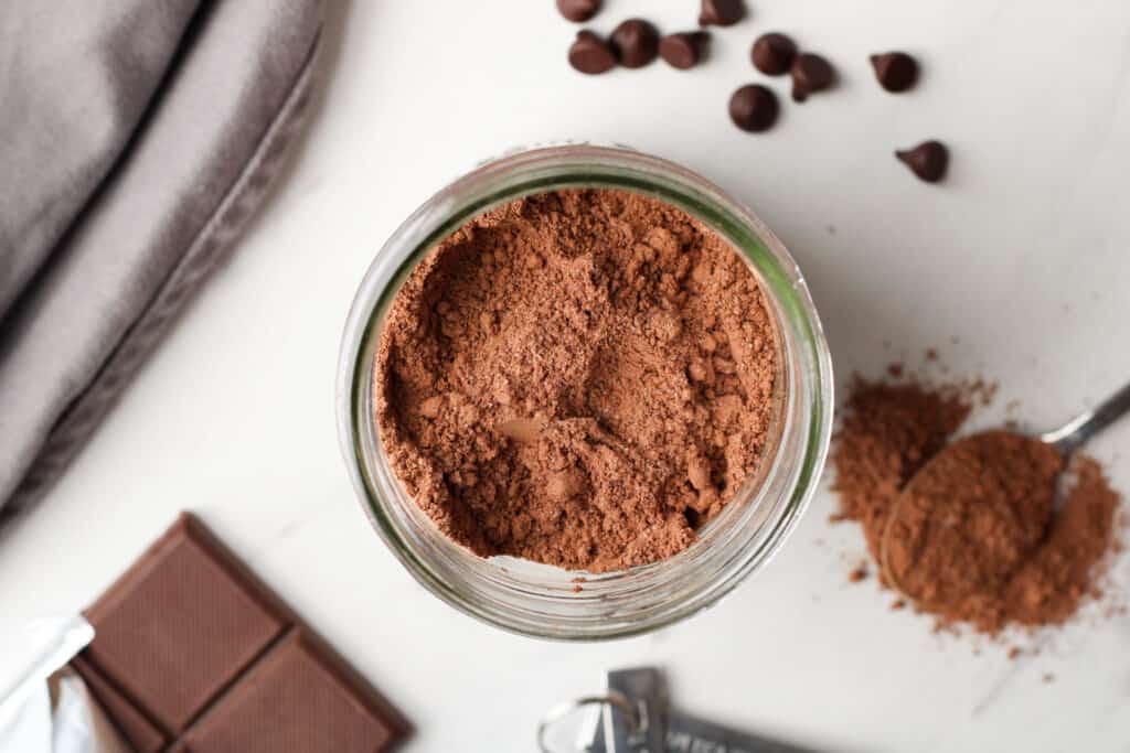 Overhead image of hot cocoa mix in mason jar.