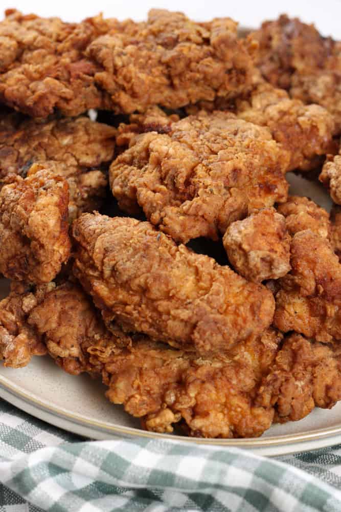 A close up on a pan fried chicken on a plate.