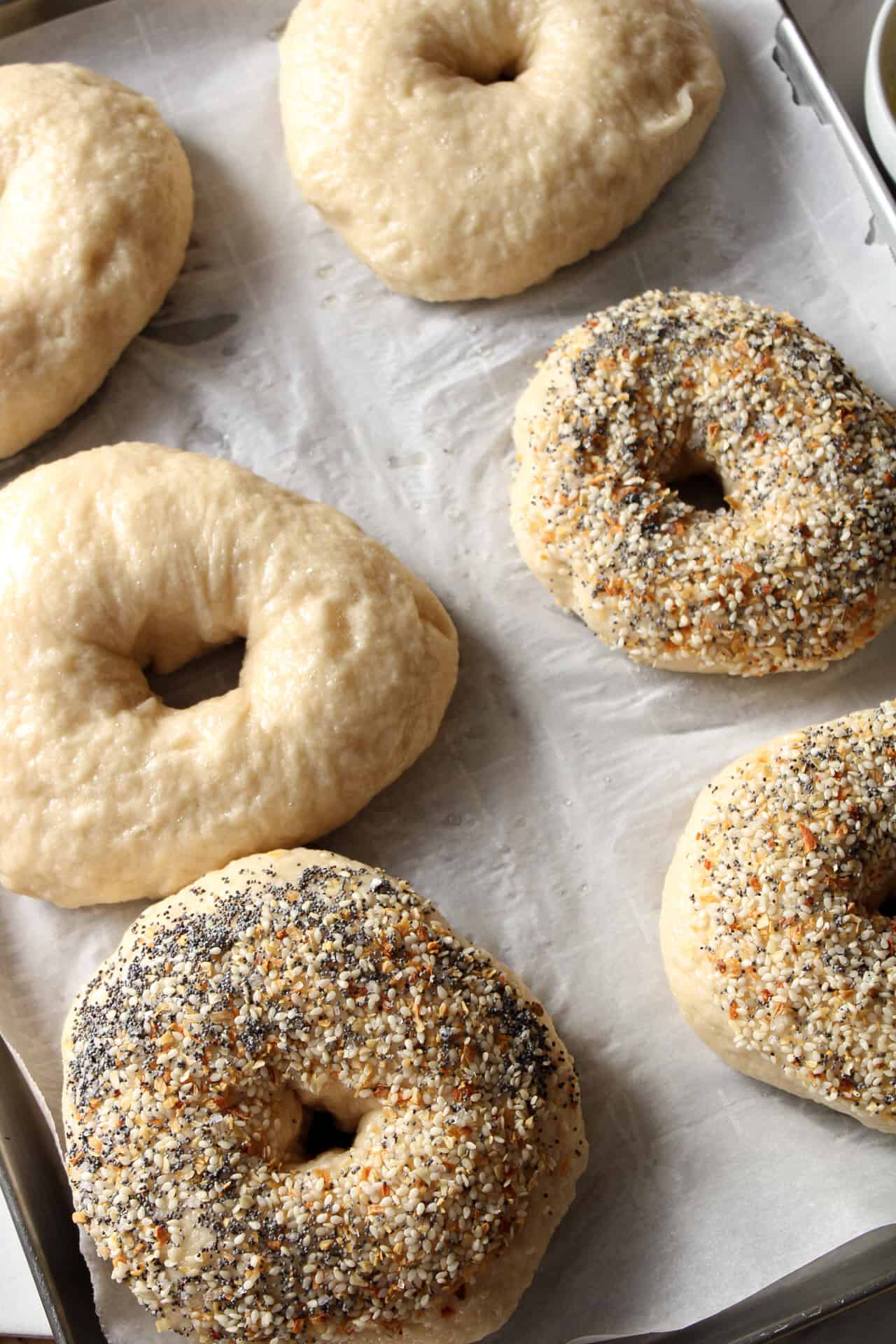 Boiled bagels topped with everything seasoning sitting on a sheet pan.