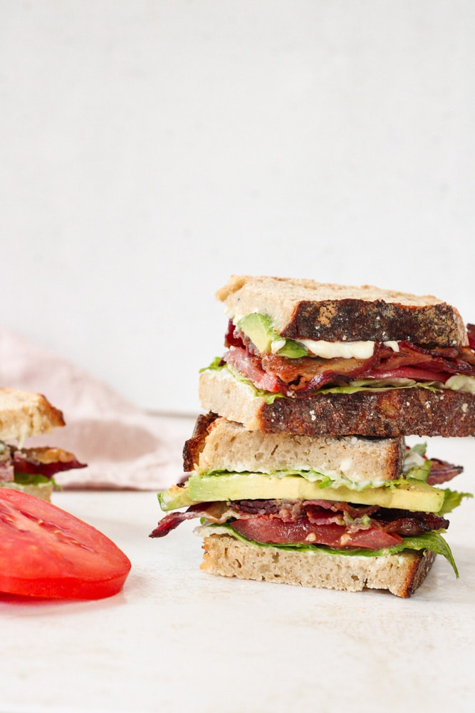 Stacked blt sandwich with beef bacon.