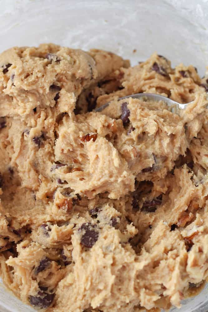Close view of chocolate chip cookie dough with walnuts in a bowl with a spoon.