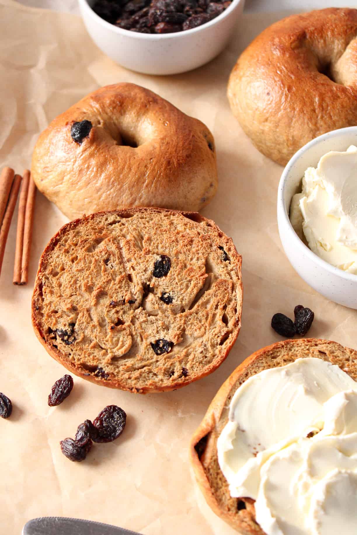 Toasted bagels with cream cheese.