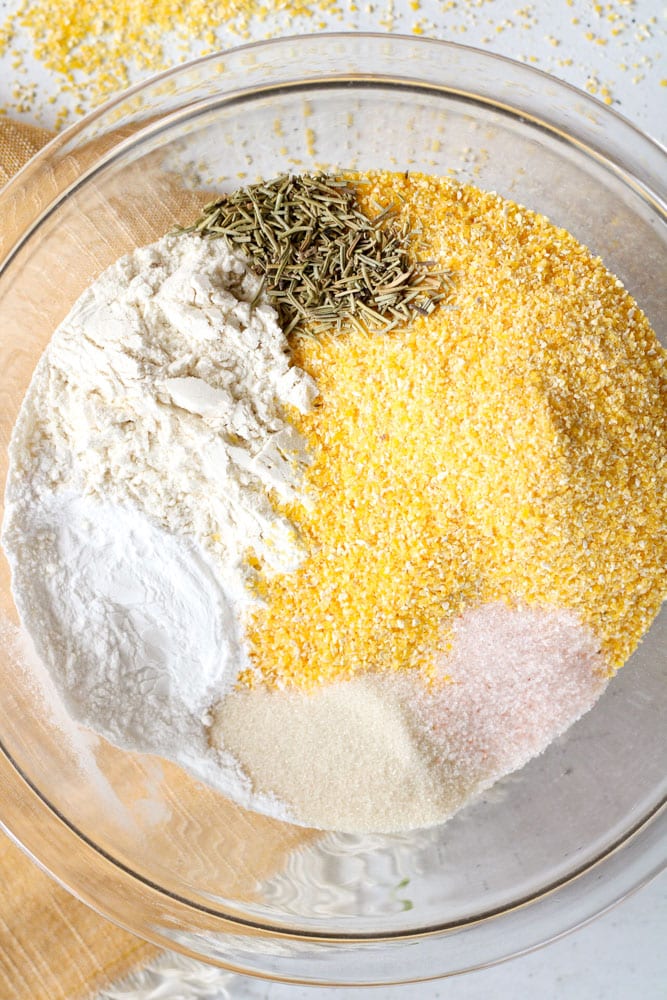 Polenta cornbread dry ingredients in a bowl.