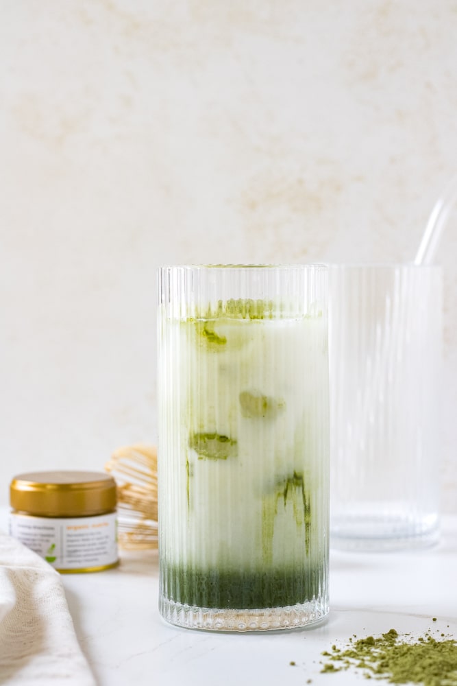 Iced matcha in a glass.