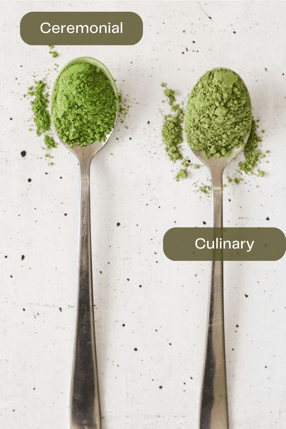 Ceremonial matcha vs culinary matcha comparison on spoons.