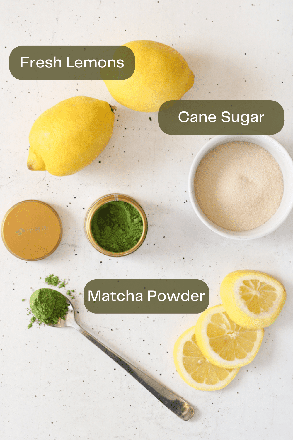 Overhead image of matcha lemonade ingredients.