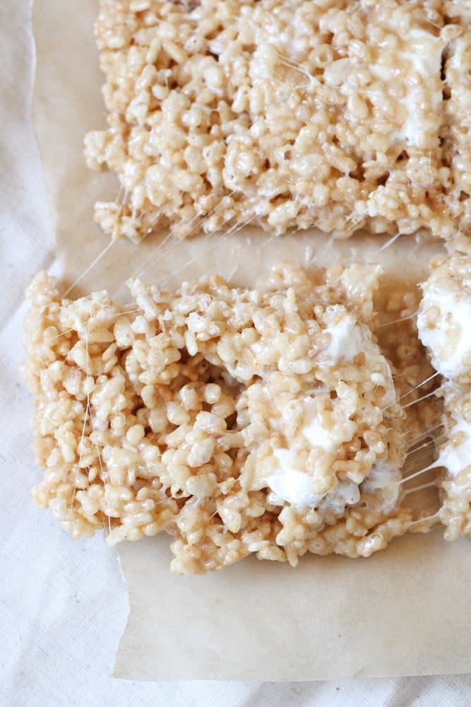 Side view of rice krispie treat squares. 