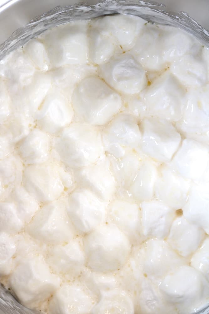 Close up on a melted marshmallows mixture.