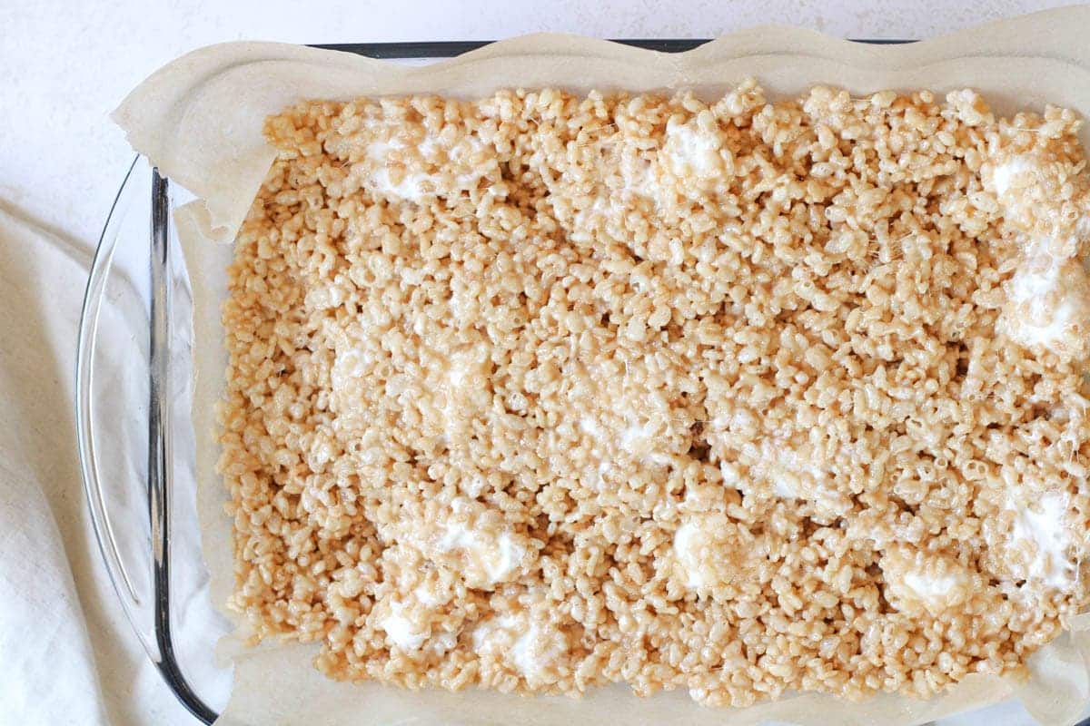 Overhead image of rice krispie treats in a baking pan.