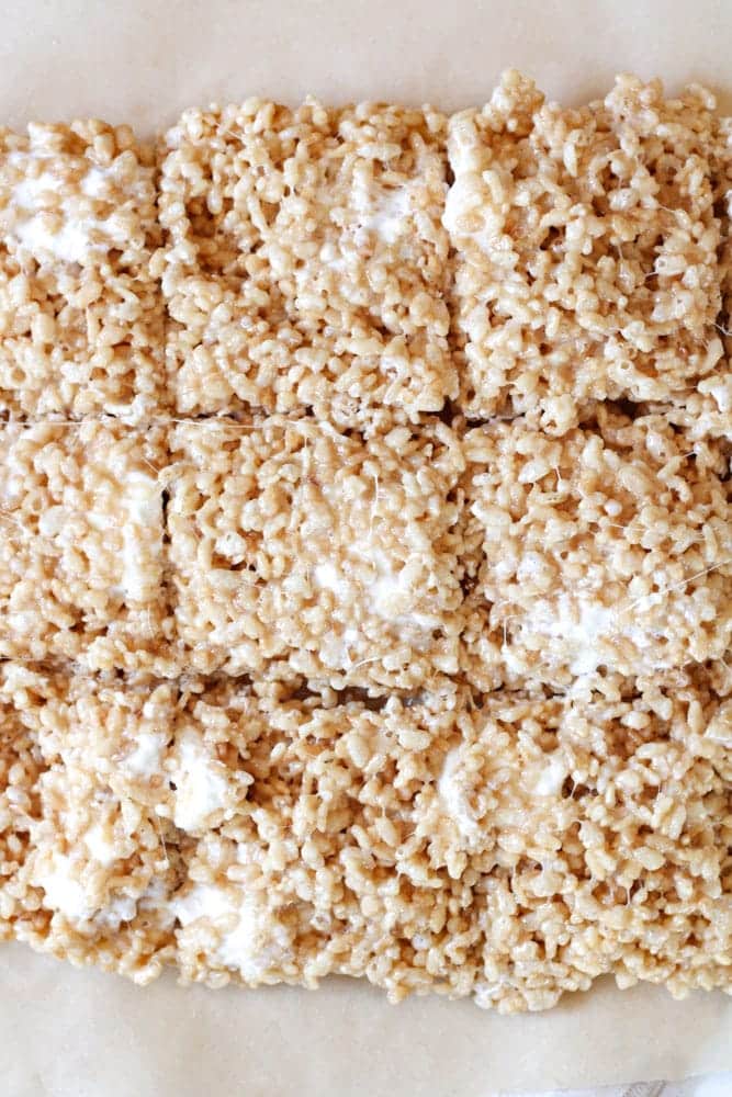 Overhead image of cut rice krispie treats.