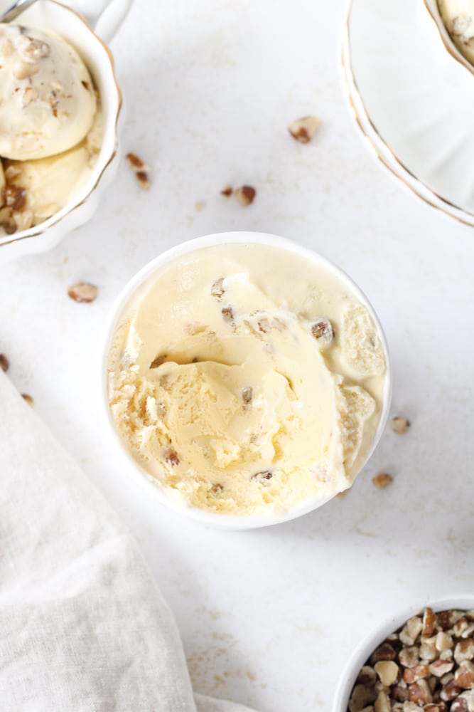 Close up on black walnut ice cream in a freezer storage container. 