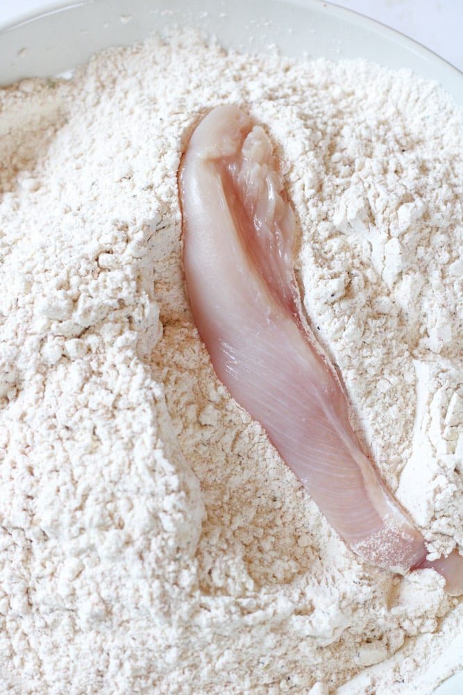 Chicken in flour mixture.