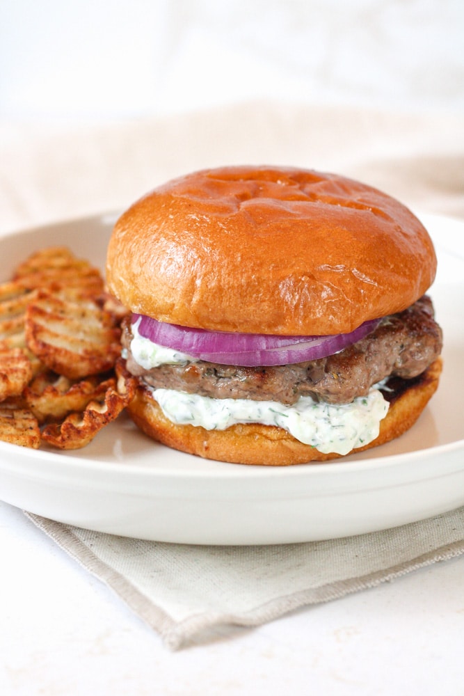 Side view of lamb burger on a plate with fries.