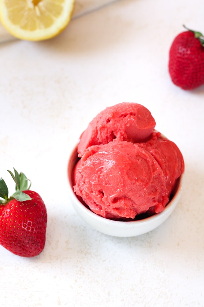 Overhead image of sorbet in a small bowl.