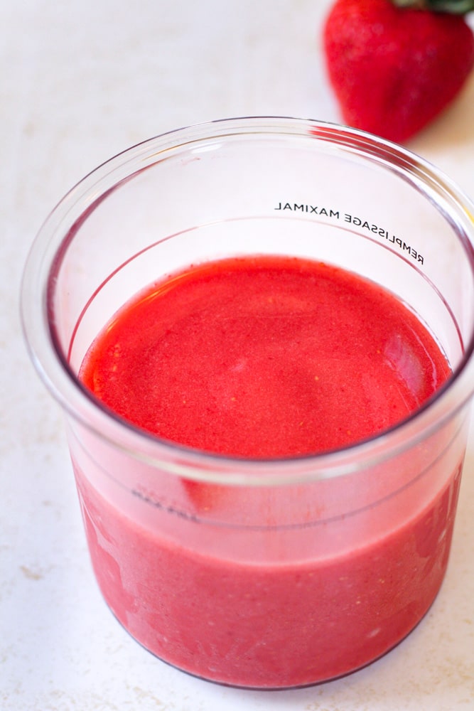 Close up image of blended sorbet mixture in pint container.