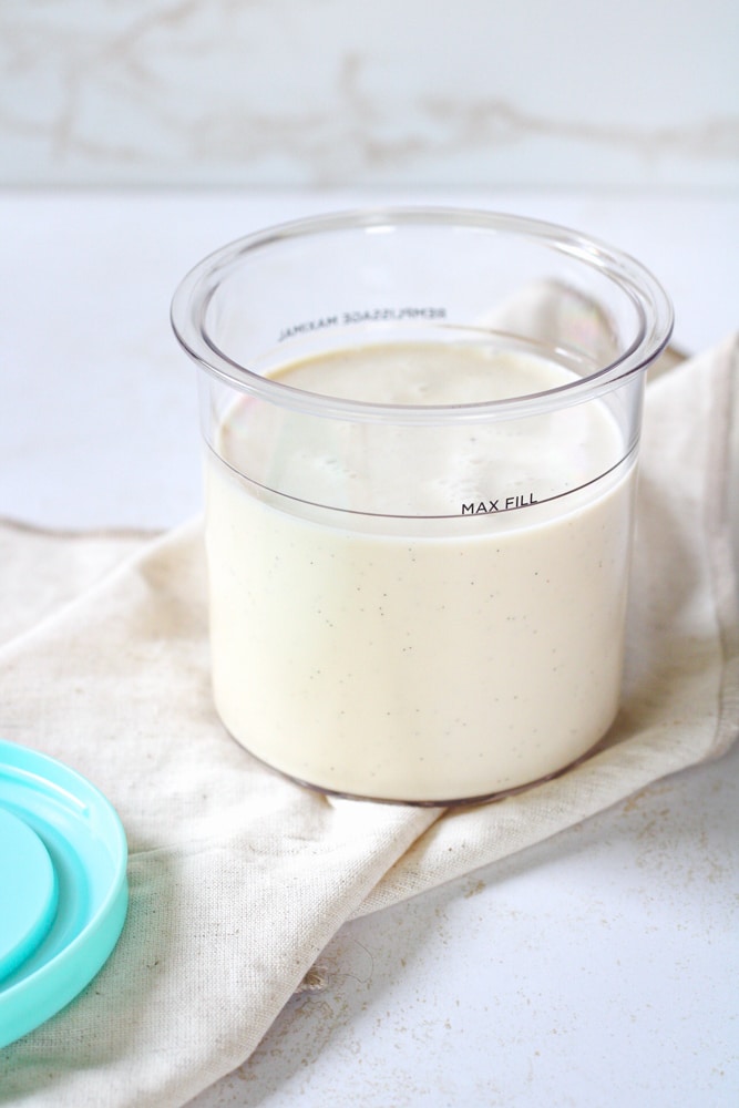 Ice cream base in the pint container.