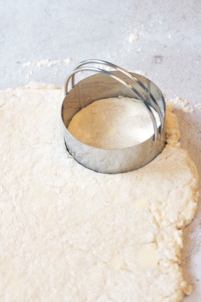 Biscuit cutter in biscuit dough.