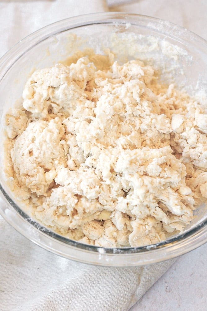 Close up image of biscuit dough in a bowl.