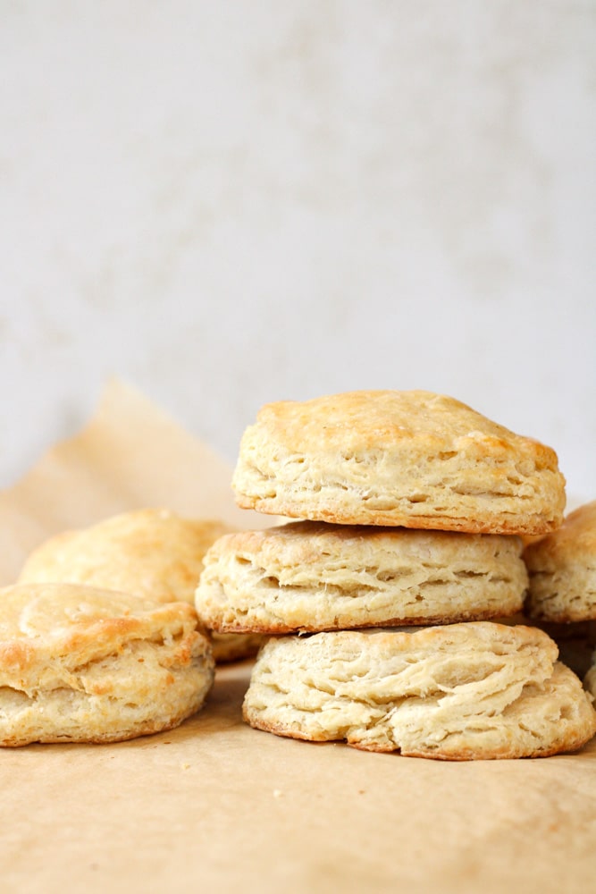 Close up stack of buttermilk biscuits.