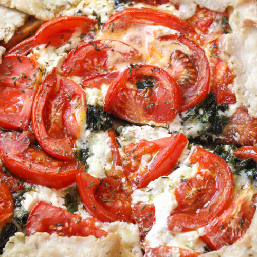 Overhead image of savory tomato galette.