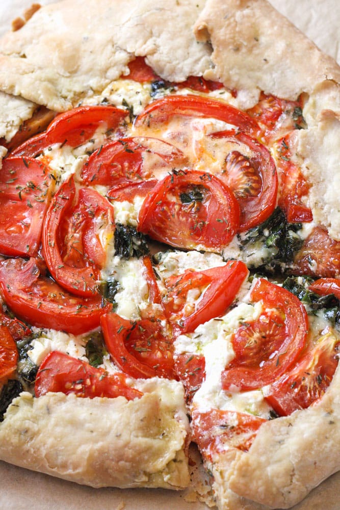 Overhead image of savory tomato galette.