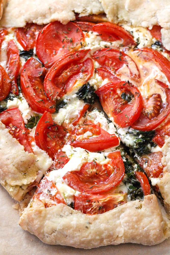 Close up on a slice of tomato tart.