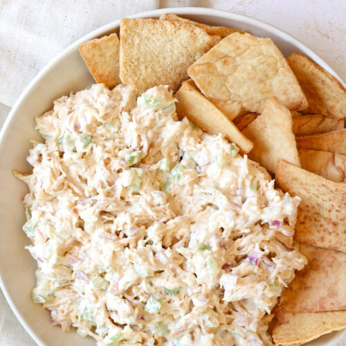 Close up image of chicken salad in a bowl.